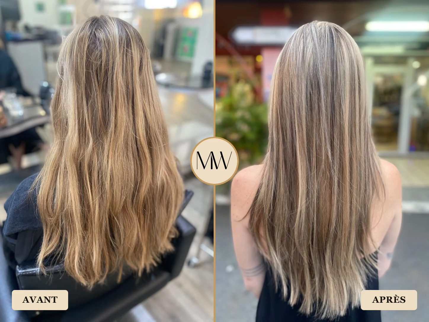 Correction balayage blond froid, avant/après — Avant-Après MW Coiffure Saint-Gilles-les-Bains