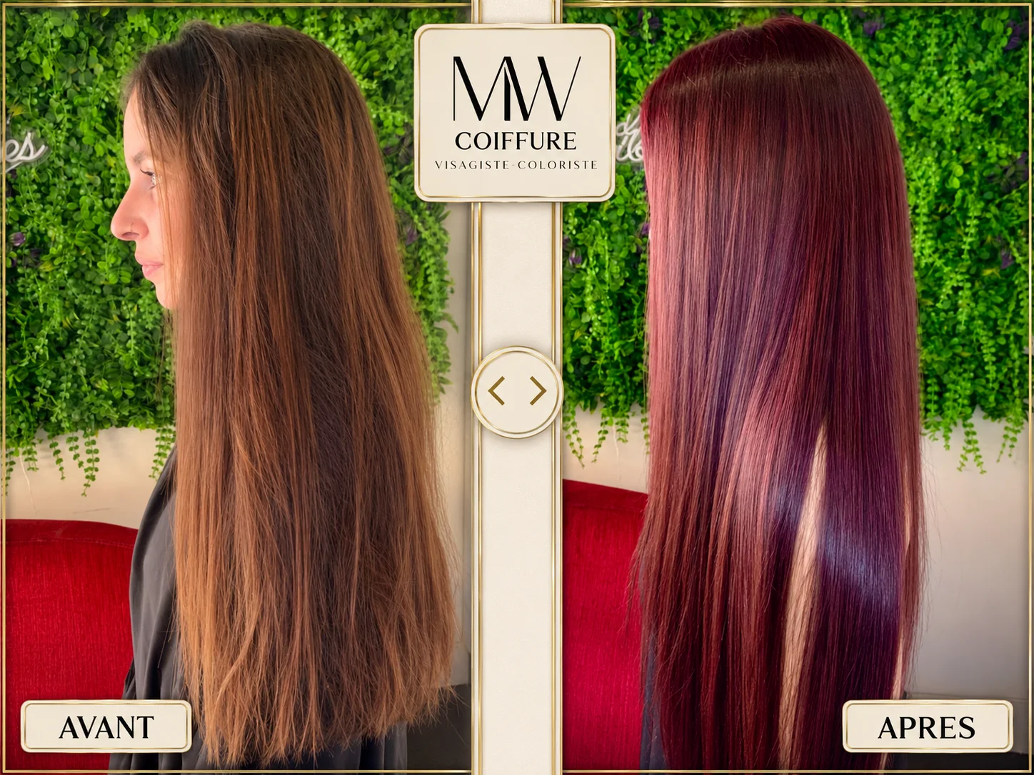 Coloration rouge intense, avant/après — Avant-Après MW Coiffure Saint-Gilles-les-Bains