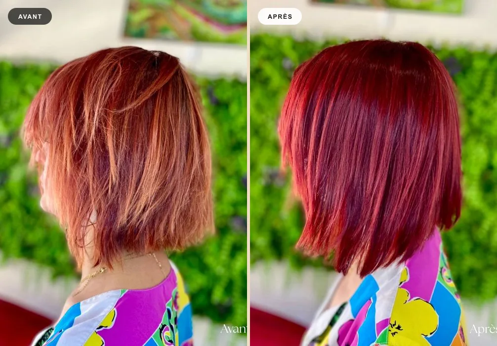 Coloration rouge vif, avant/après — Avant-Après MW Coiffure Saint-Gilles-les-Bains