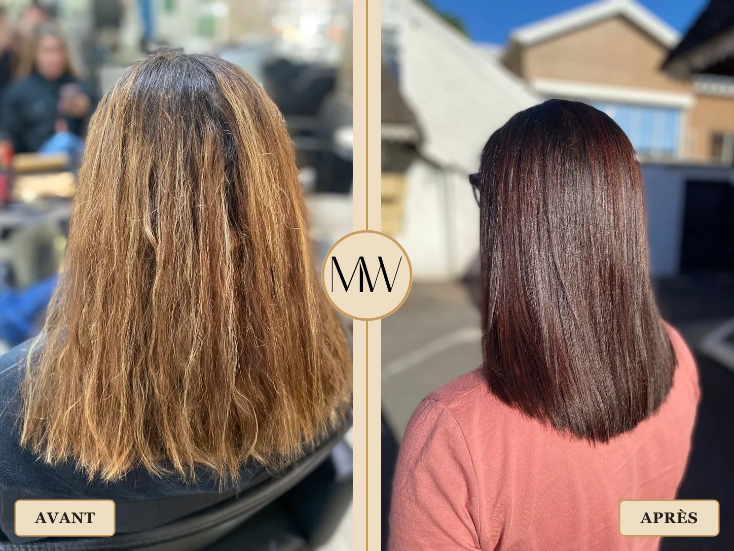 Patine chocolat, brushing naturel, avant/après — Avant-Après MW Coiffure Saint-Gilles-les-Bains