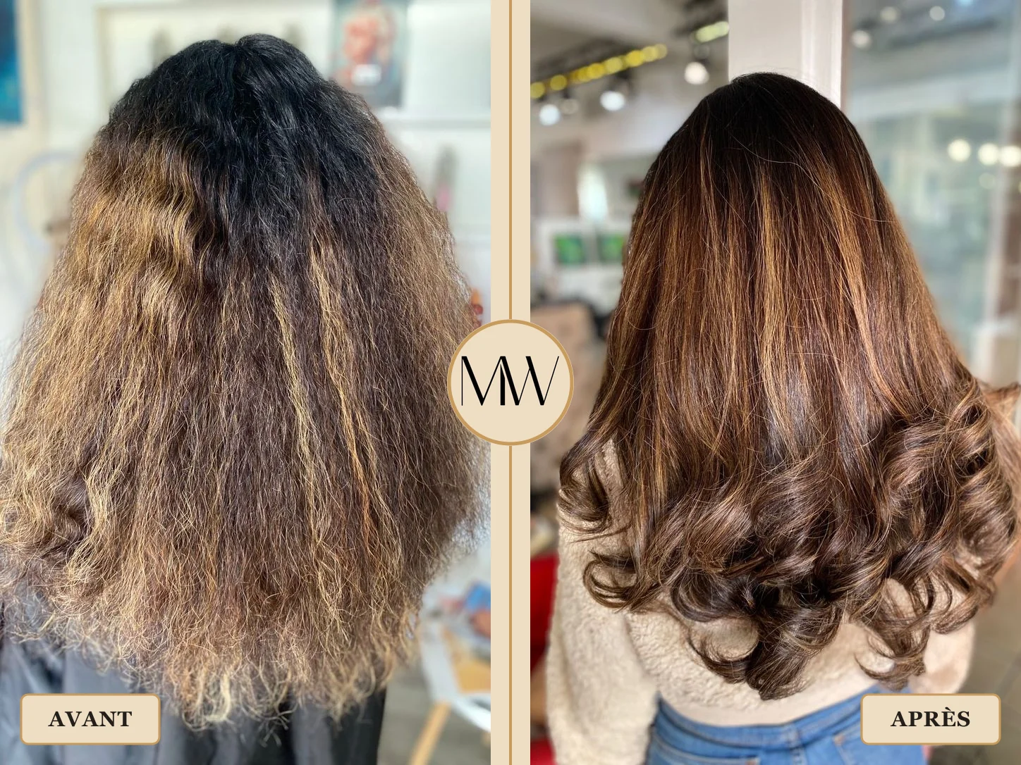Patine mèches, brushing glamour, avant/après — Avant-Après MW Coiffure Saint-Gilles-les-Bains