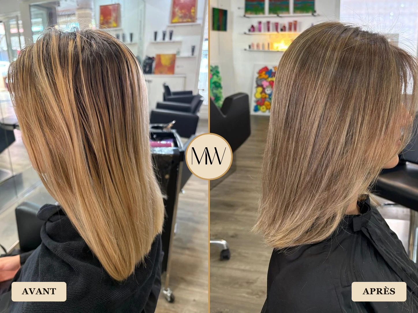 Correction balayage deux tons, avant/après — Avant-Après MW Coiffure Saint-Gilles-les-Bains